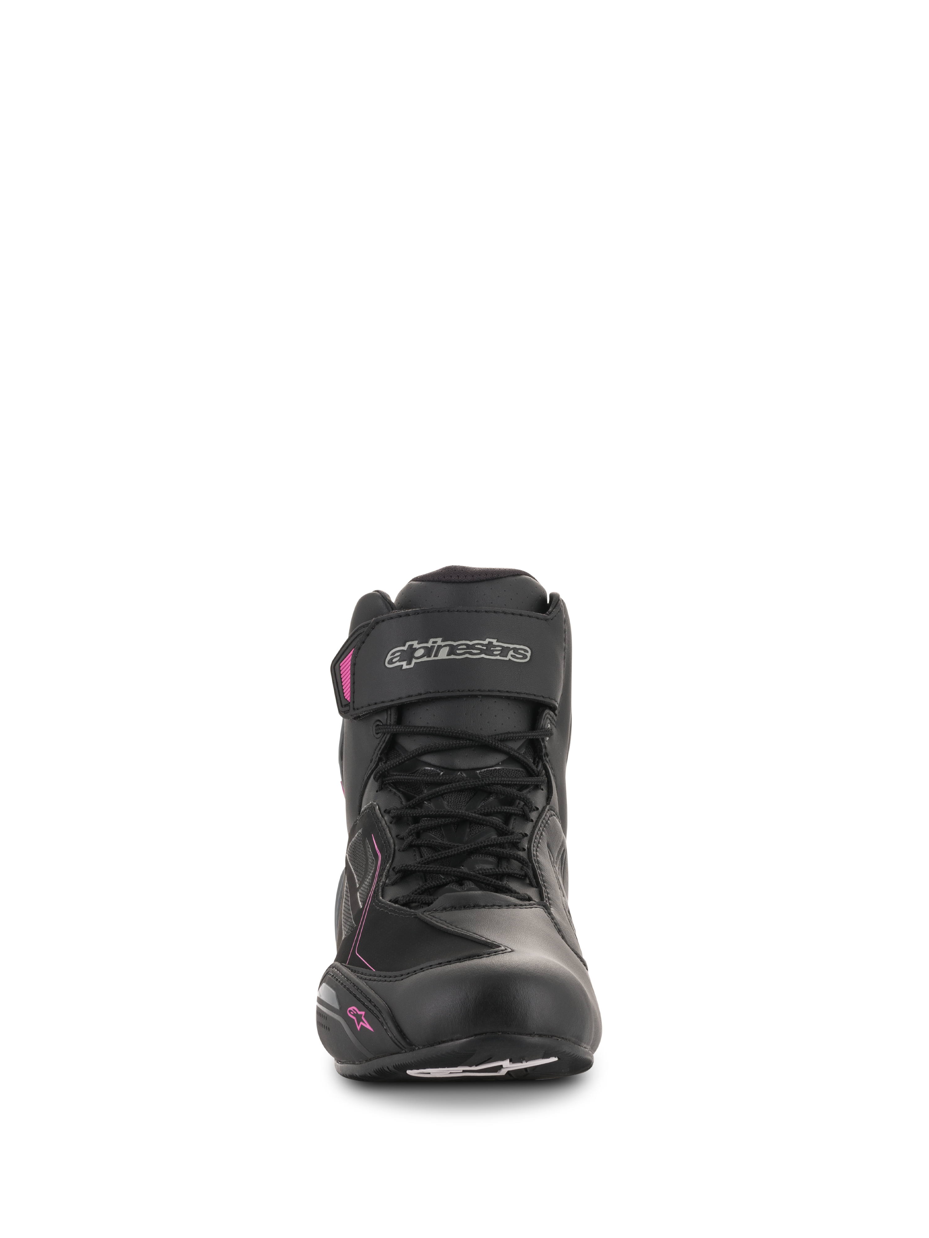 Alpinestars Stella Faster-3 Drystar® damesschoenen, motorschoenen, zwart, donkergrijs en fuchsia, vooraanzicht met vetersluiting, enkelbandje met zilverkleurig logo, roze accenten op een vrouwelijk profiel