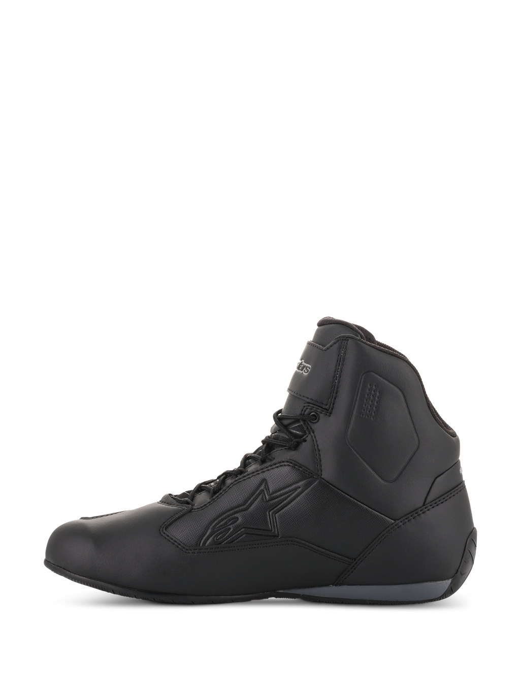 Alpinestars Stella Faster-3 Drystar® damesschoenen, zwart en donkergrijs, waterdichte motorrijschoenen, zijaanzicht met een duurzaam chassis van microvezel, vetersluiting met enkelband en een Alpinestars-logo in reliëf.