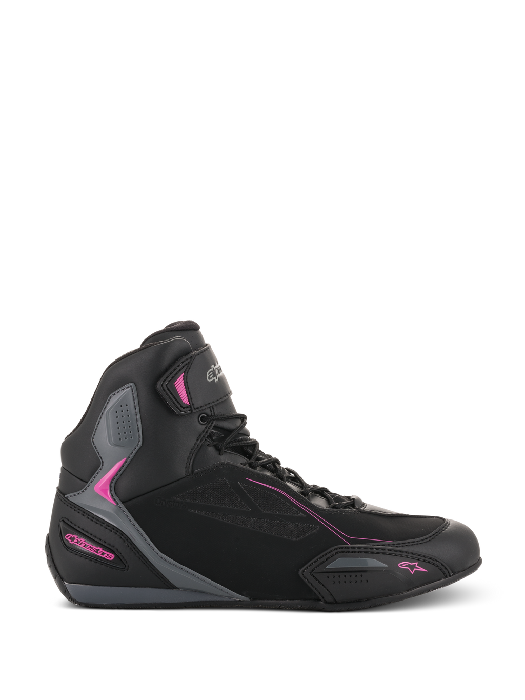 Alpinestars Stella Faster-3 Drystar damesschoenen, motor sneakers, zwart met donkergrijze en fuchsia roze accenten, zijprofiel met een hoog silhouet, vetersluiting met klittenband enkelband en versterkte beschermingspanelen.