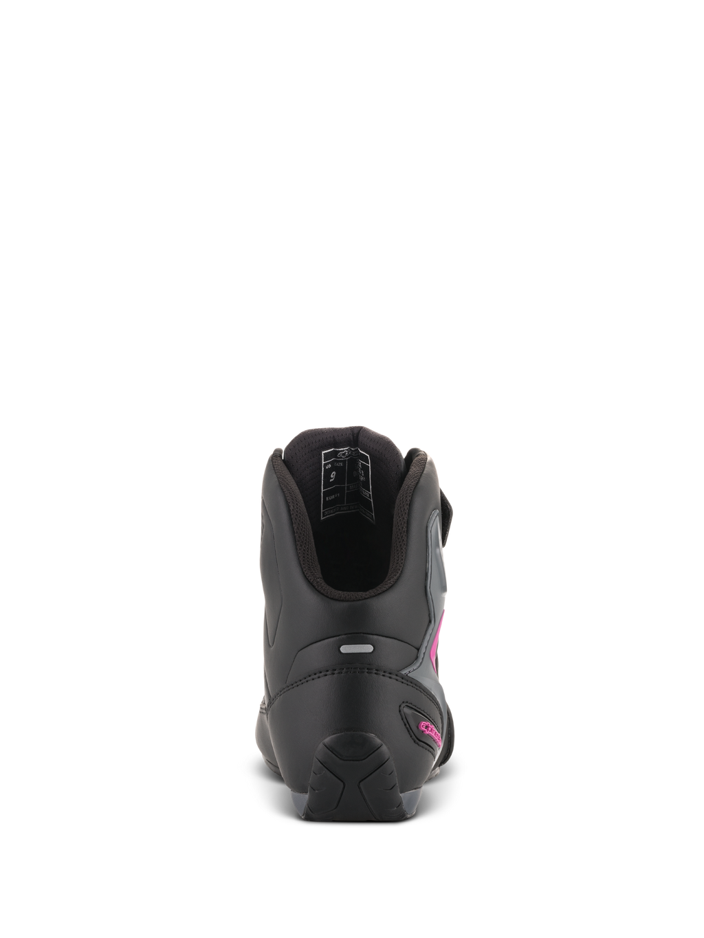 Alpinestars Stella Faster-3 Drystar® damesschoenen, zwart donkergrijs fuchsia, achteraanzicht van de hiel met reflecterende strip en fuchsia logo, waterdichte motorschoenen met getextureerde zool en gevoerde kraag