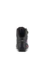Alpinestars Stella Faster-3 Drystar® damesschoenen, zwart donkergrijs fuchsia, achteraanzicht van de hiel met reflecterende strip en fuchsia logo, waterdichte motorschoenen met getextureerde zool en gevoerde kraag