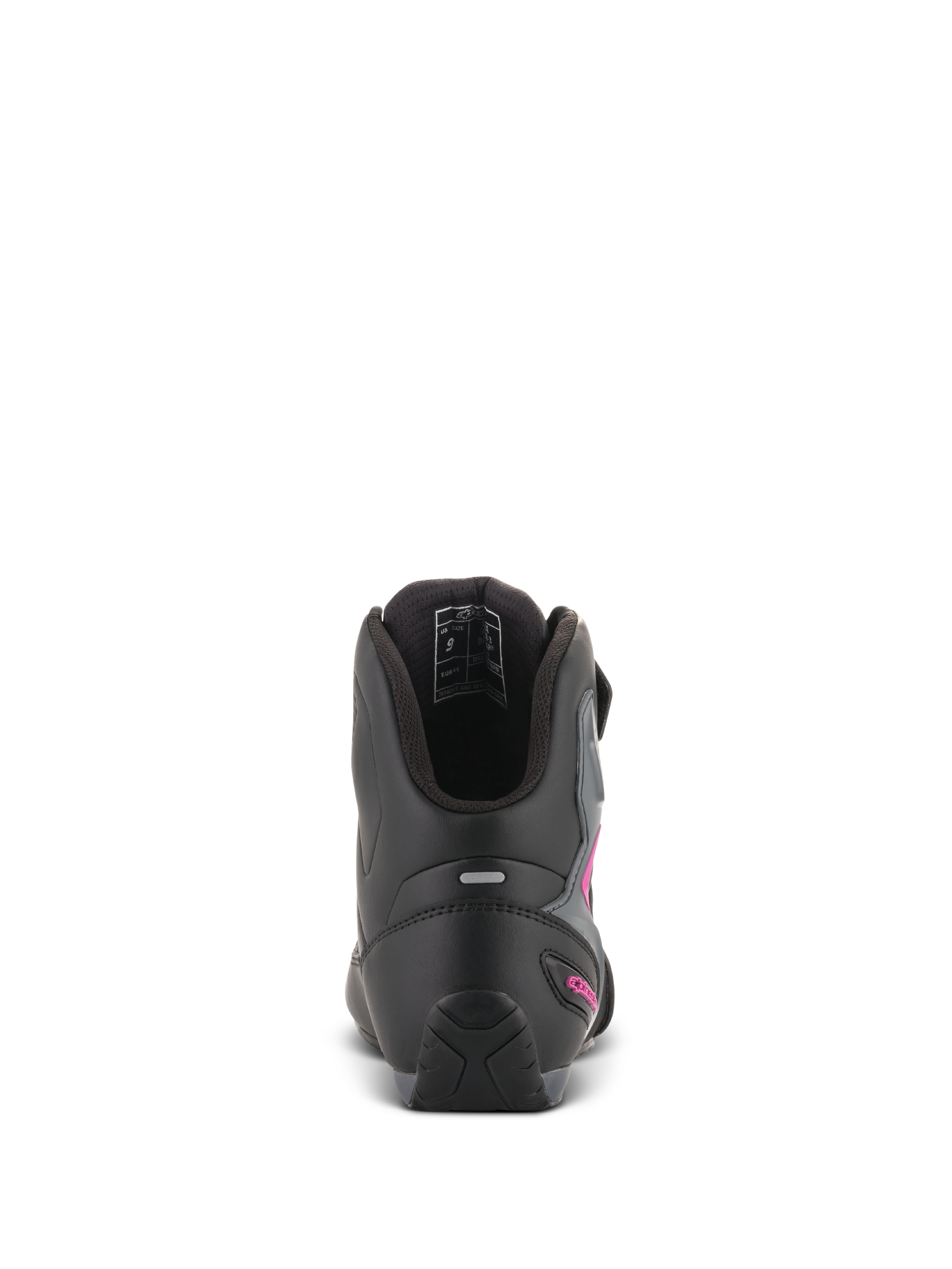 Alpinestars Stella Faster-3 Drystar® damesschoenen, zwart donkergrijs fuchsia, achteraanzicht van de hiel met reflecterende strip en fuchsia logo, waterdichte motorschoenen met getextureerde zool en gevoerde kraag