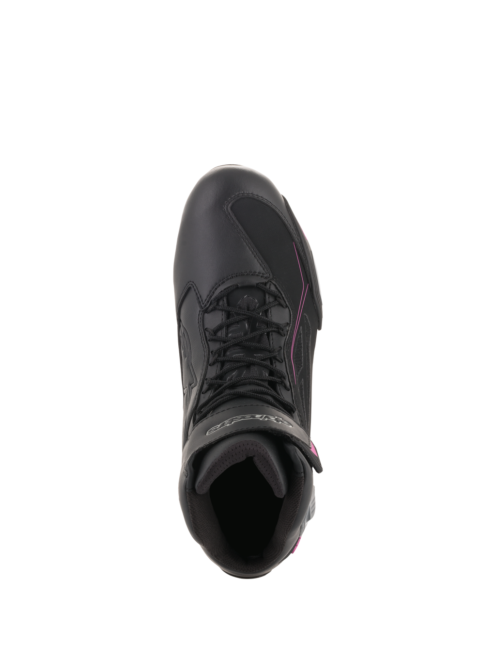 Alpinestars Stella Faster-3 Drystar® damesschoenen, waterdichte motorschoenen, zwart donkergrijs fuchsia, bovenaanzicht met vetersluiting en klittenbandsluiting, gestroomlijnd beschermend schoeisel voor stedelijk rijden.