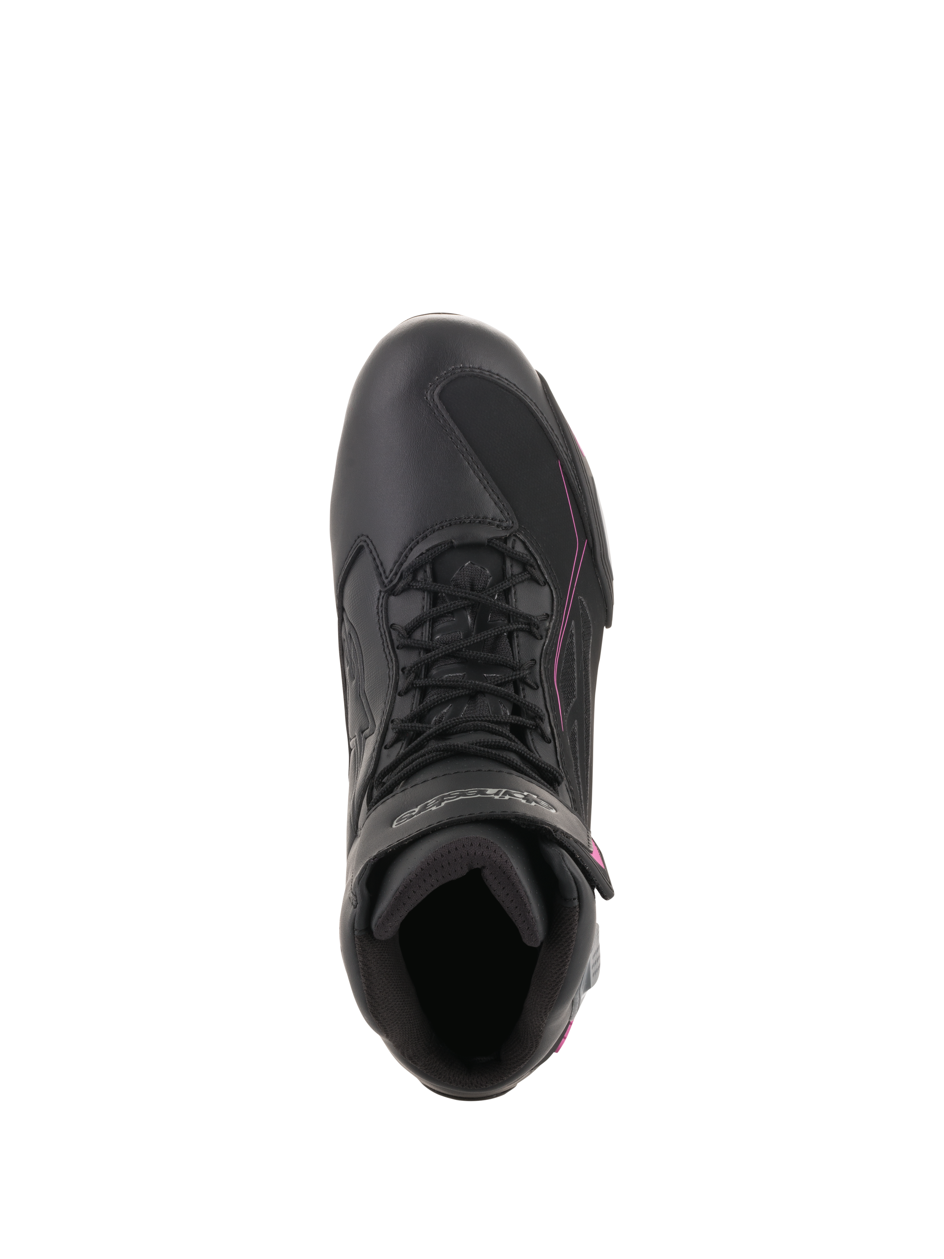 Alpinestars Stella Faster-3 Drystar® damesschoenen, waterdichte motorschoenen, zwart donkergrijs fuchsia, bovenaanzicht met vetersluiting en klittenbandsluiting, gestroomlijnd beschermend schoeisel voor stedelijk rijden.