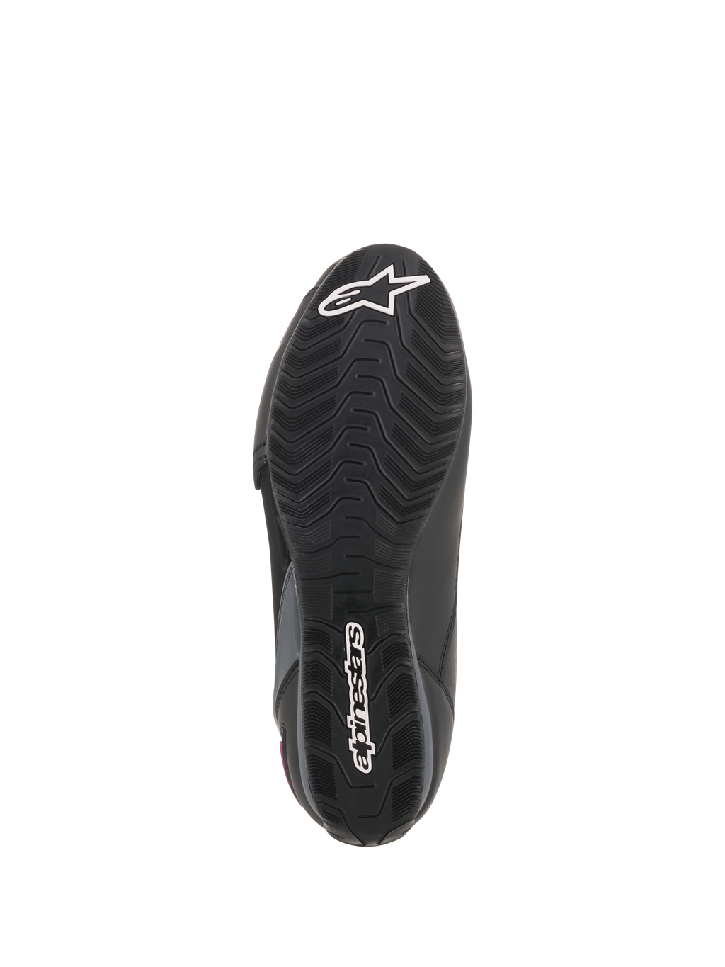 Alpinestars Stella Faster-3 Drystar® schoenen voor dames, onderzijaanzicht van de zool, zwarte rubberen buitenzool met getextureerd grippatroon, wit Alpinestars sterlogo en woordmerk, duurzame constructie voor motorschoeisel