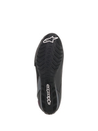 Alpinestars Stella Faster-3 Drystar® schoenen voor dames, onderzijaanzicht van de zool, zwarte rubberen buitenzool met getextureerd grippatroon, wit Alpinestars sterlogo en woordmerk, duurzame constructie voor motorschoeisel