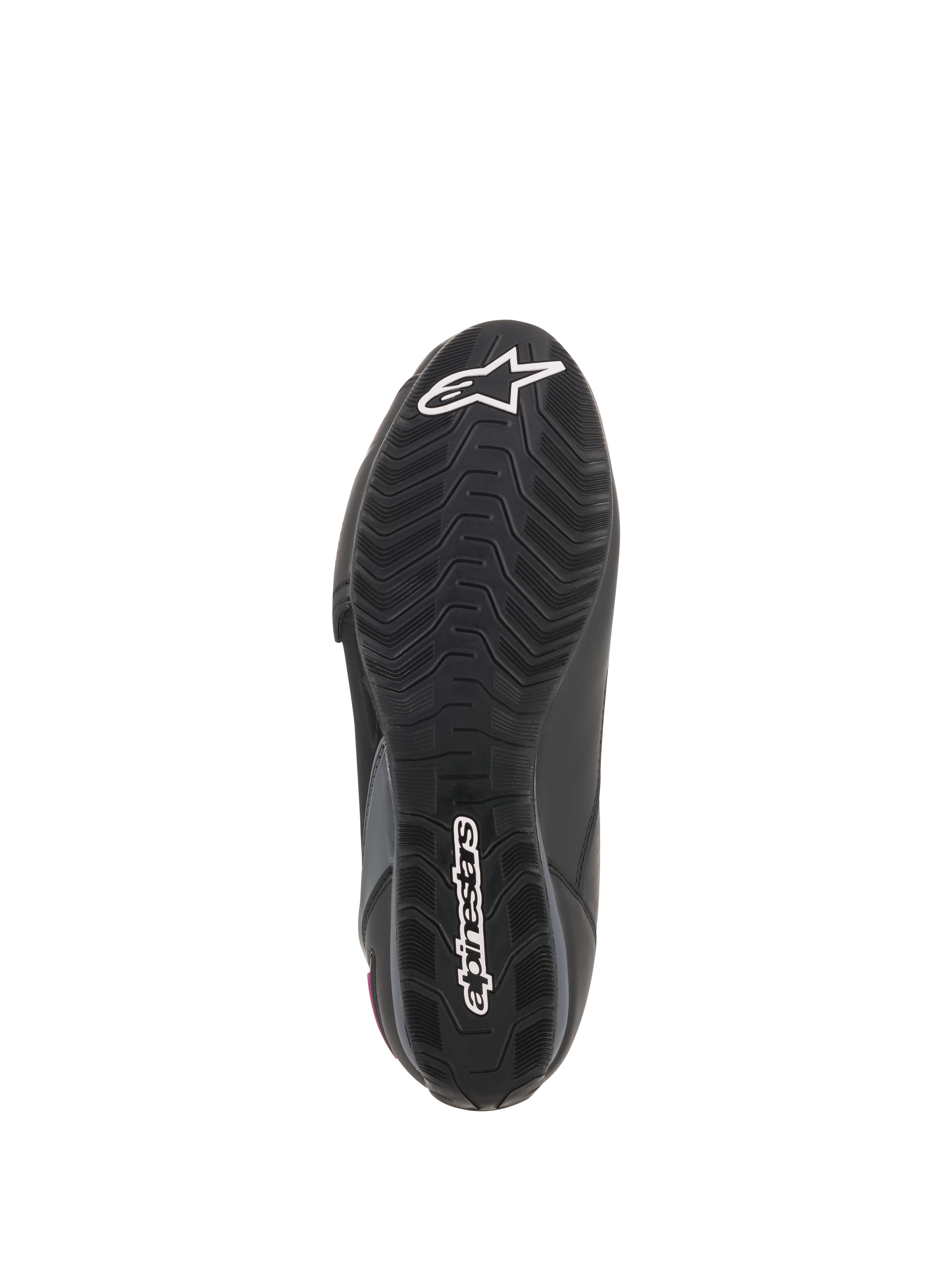 Alpinestars Stella Faster-3 Drystar® schoenen voor dames, onderzijaanzicht van de zool, zwarte rubberen buitenzool met getextureerd grippatroon, wit Alpinestars sterlogo en woordmerk, duurzame constructie voor motorschoeisel