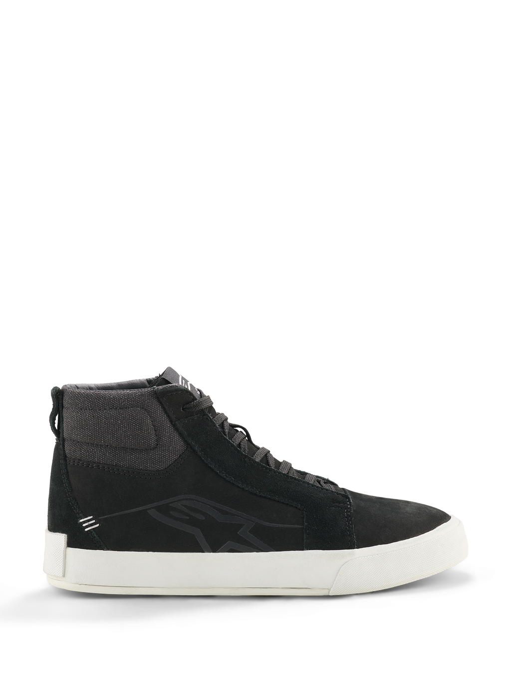 Alpinestars Ride-63 leren schoenen, zwarte hoge sneakers, urban motorschoeisel, witte zool, getextureerde stoffen enkelkraag, zwarte suède panelen, minimalistisch ontwerp