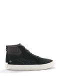 Alpinestars Ride-63 leren schoenen, zwarte hoge sneakers, urban motorschoeisel, witte zool, getextureerde stoffen enkelkraag, zwarte suède panelen, minimalistisch ontwerp