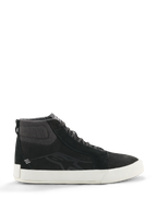Alpinestars Ride-63 leren schoenen, zwarte hoge sneakers, urban motorschoeisel, witte zool, getextureerde stoffen enkelkraag, zwarte suède panelen, minimalistisch ontwerp