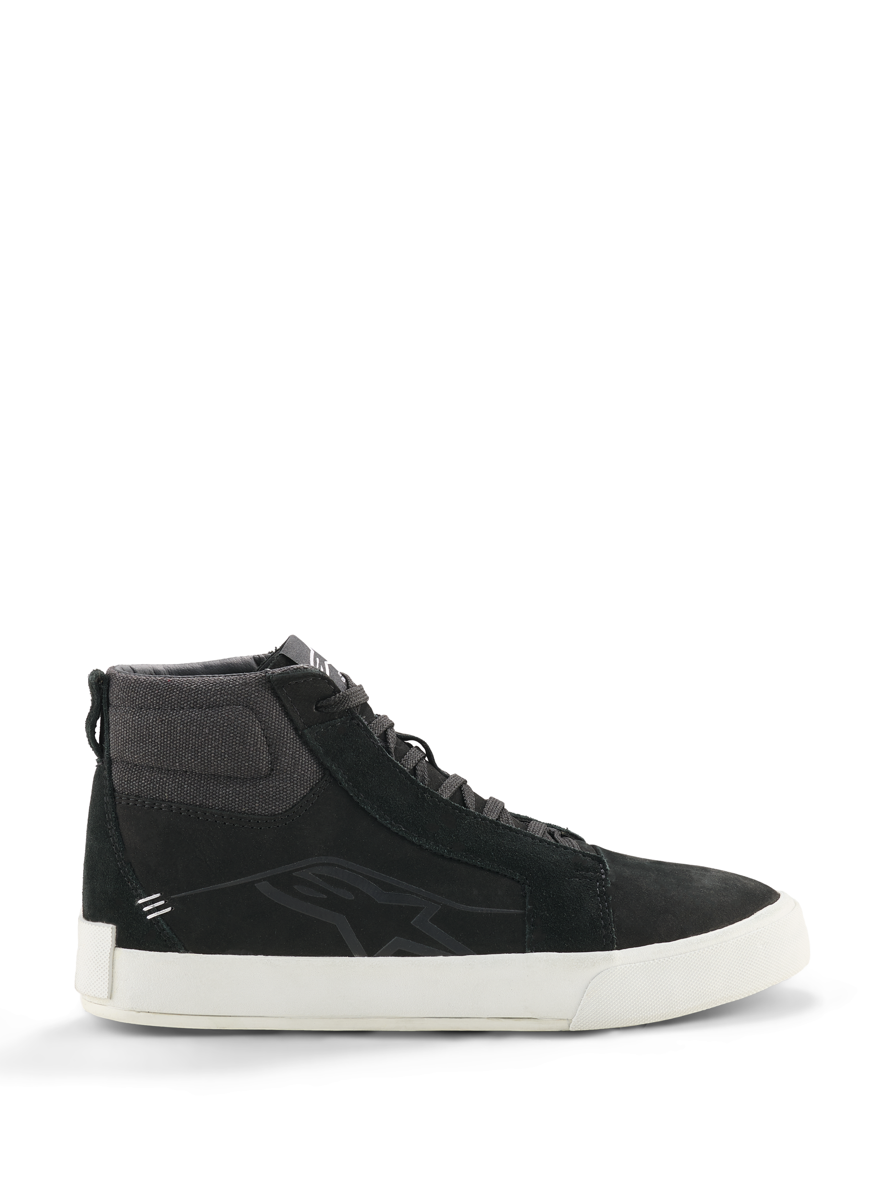 Alpinestars Ride-63 leren schoenen, zwarte hoge sneakers, urban motorschoeisel, witte zool, getextureerde stoffen enkelkraag, zwarte suède panelen, minimalistisch ontwerp