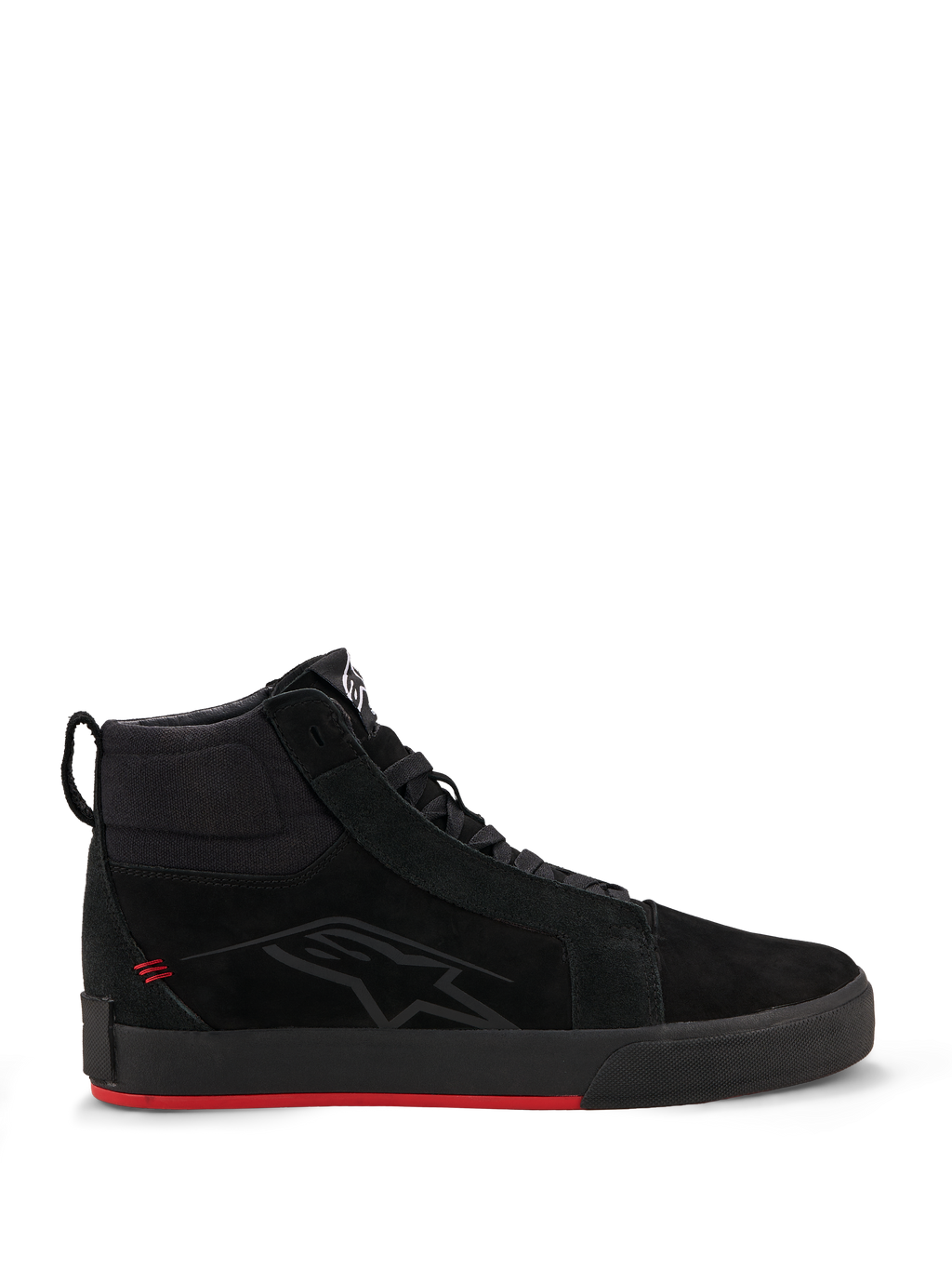 Alpinestars Ride-63 Leather Shoes, urban motorschoenen, zwart en felrood, op skatewear geïnspireerd high-top profiel, bovenwerk van premium leer en nubuck, zwarte gevulkaniseerde zool met felrode onderkant, subtiel logo op de zijkant, casual motor-streetwear