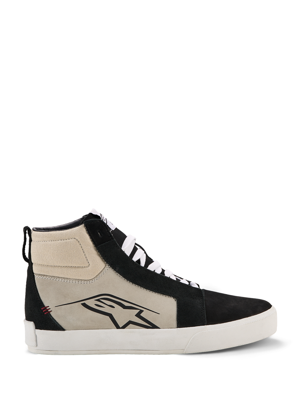 Alpinestars Ride-63 leren schoenen, hoge motorsneaker, zwart, koelgrijs en wit, zijprofiel met zwart A-star-logo, witte gevulkaniseerde zool, suède verstevigingen, witte veters, urban casual motorsport schoeisel