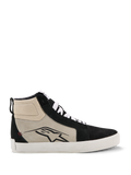 Alpinestars Ride-63 leren schoenen, hoge motorsneaker, zwart, koelgrijs en wit, zijprofiel met zwart A-star-logo, witte gevulkaniseerde zool, suède verstevigingen, witte veters, urban casual motorsport schoeisel