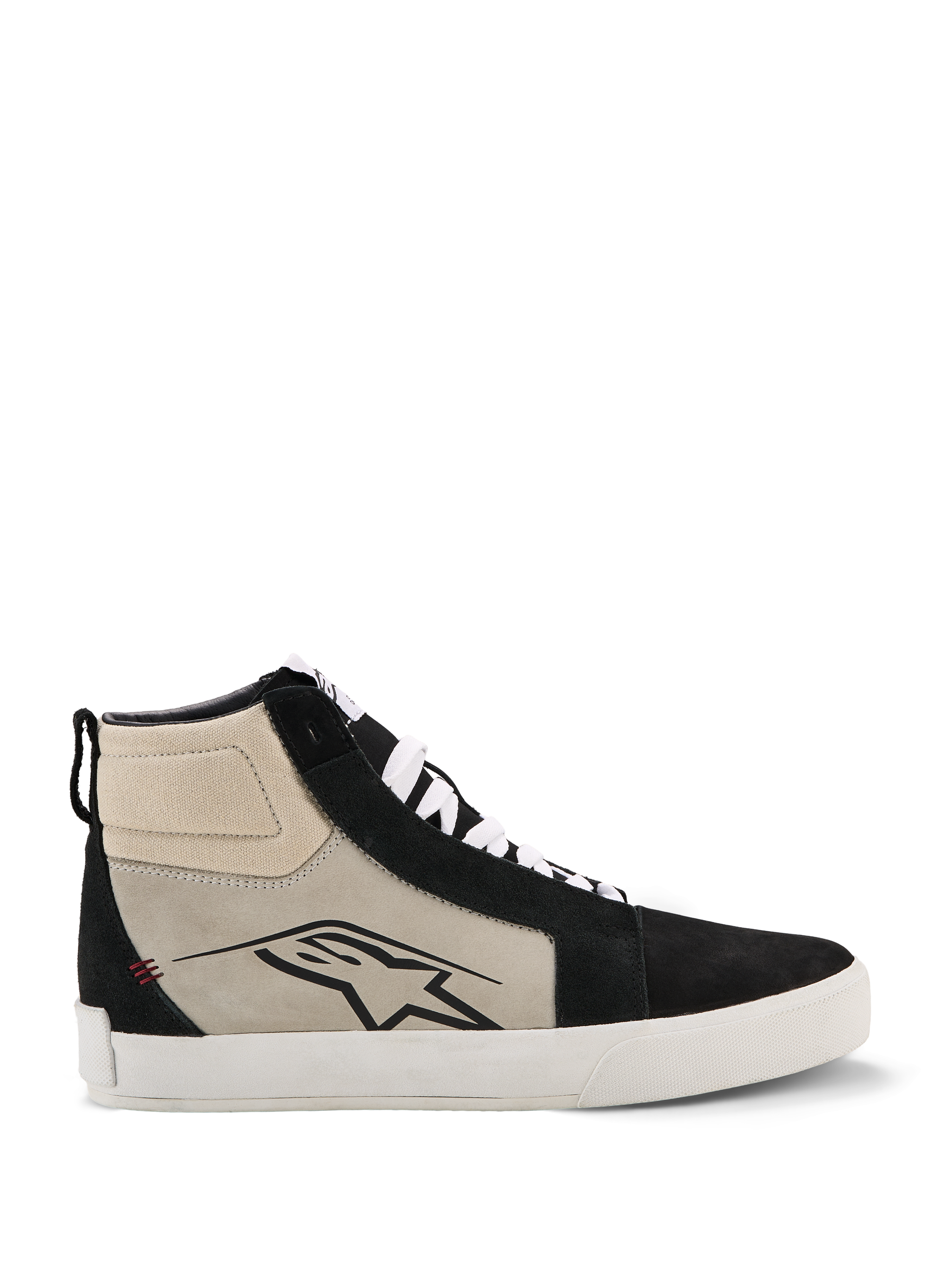 Alpinestars Ride-63 leren schoenen, hoge motorsneaker, zwart, koelgrijs en wit, zijprofiel met zwart A-star-logo, witte gevulkaniseerde zool, suède verstevigingen, witte veters, urban casual motorsport schoeisel