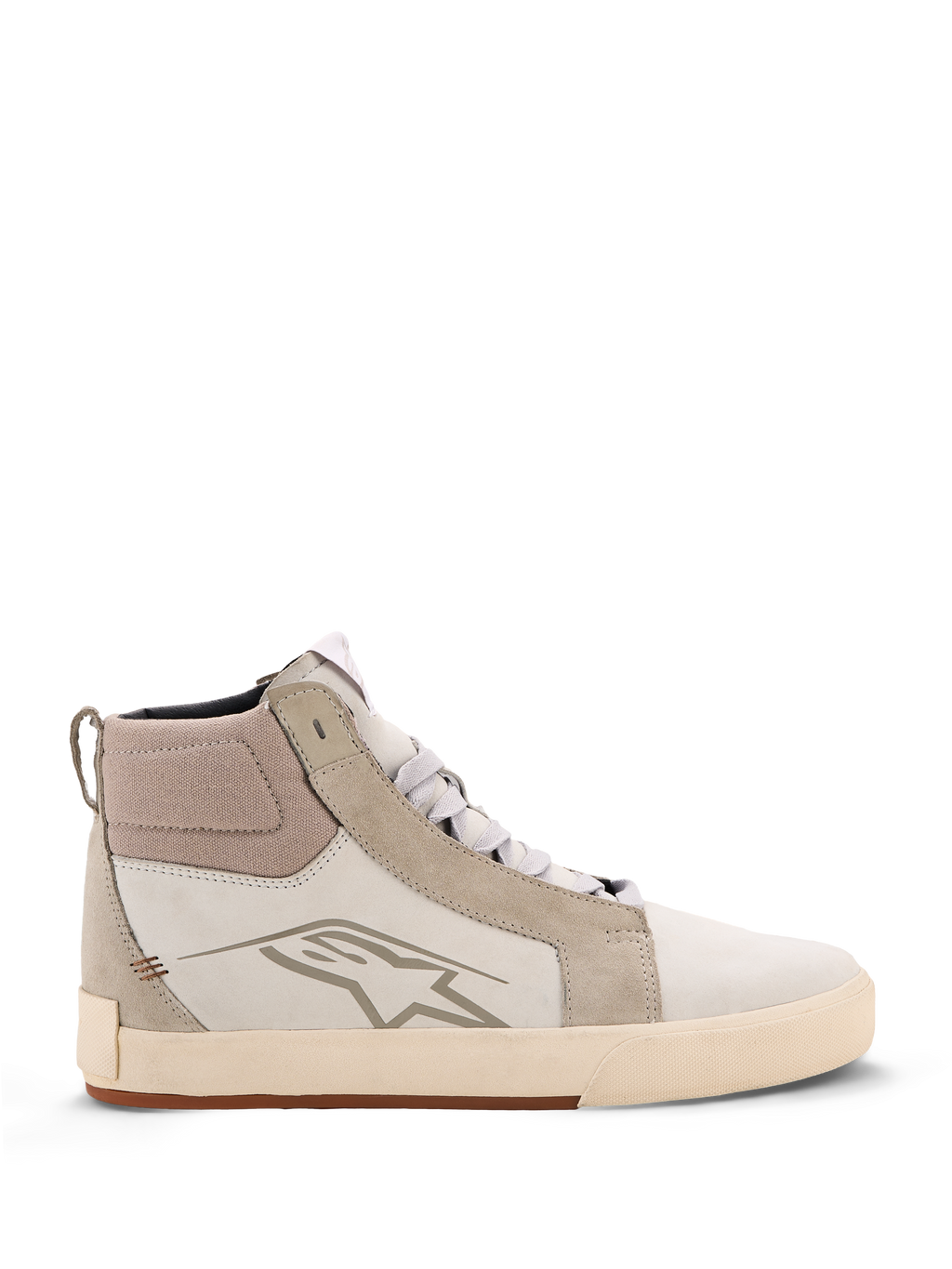 Alpinestars Ride-63 lederen schoenen, stedelijke motorschoenen, off-white en koelgrijs met gumzool, hoog model met leren en suède panelen, voorzien van Alpinestars sterlogo op de zijkant en een getextureerde gevulkaniseerde rubberen buitenzool.