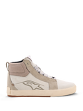 Alpinestars Ride-63 lederen schoenen, stedelijke motorschoenen, off-white en koelgrijs met gumzool, hoog model met leren en suède panelen, voorzien van Alpinestars sterlogo op de zijkant en een getextureerde gevulkaniseerde rubberen buitenzool.