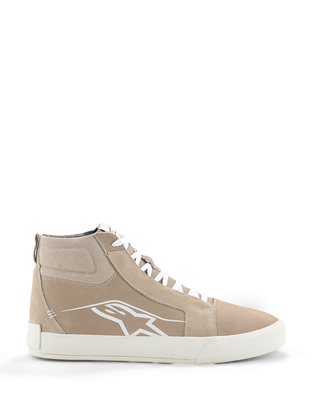 Alpinestars Ride-63 Leather Shoes, urban motorschoenen, zand en wit, hoog street-style silhouet met suède panelen, voorzien van witte veters, een wit Astars-logo op de zijkant en een witte gevulkaniseerde rubberen zool