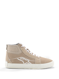 Alpinestars Ride-63 Leather Shoes, urban motorschoenen, zand en wit, hoog street-style silhouet met suède panelen, voorzien van witte veters, een wit Astars-logo op de zijkant en een witte gevulkaniseerde rubberen zool