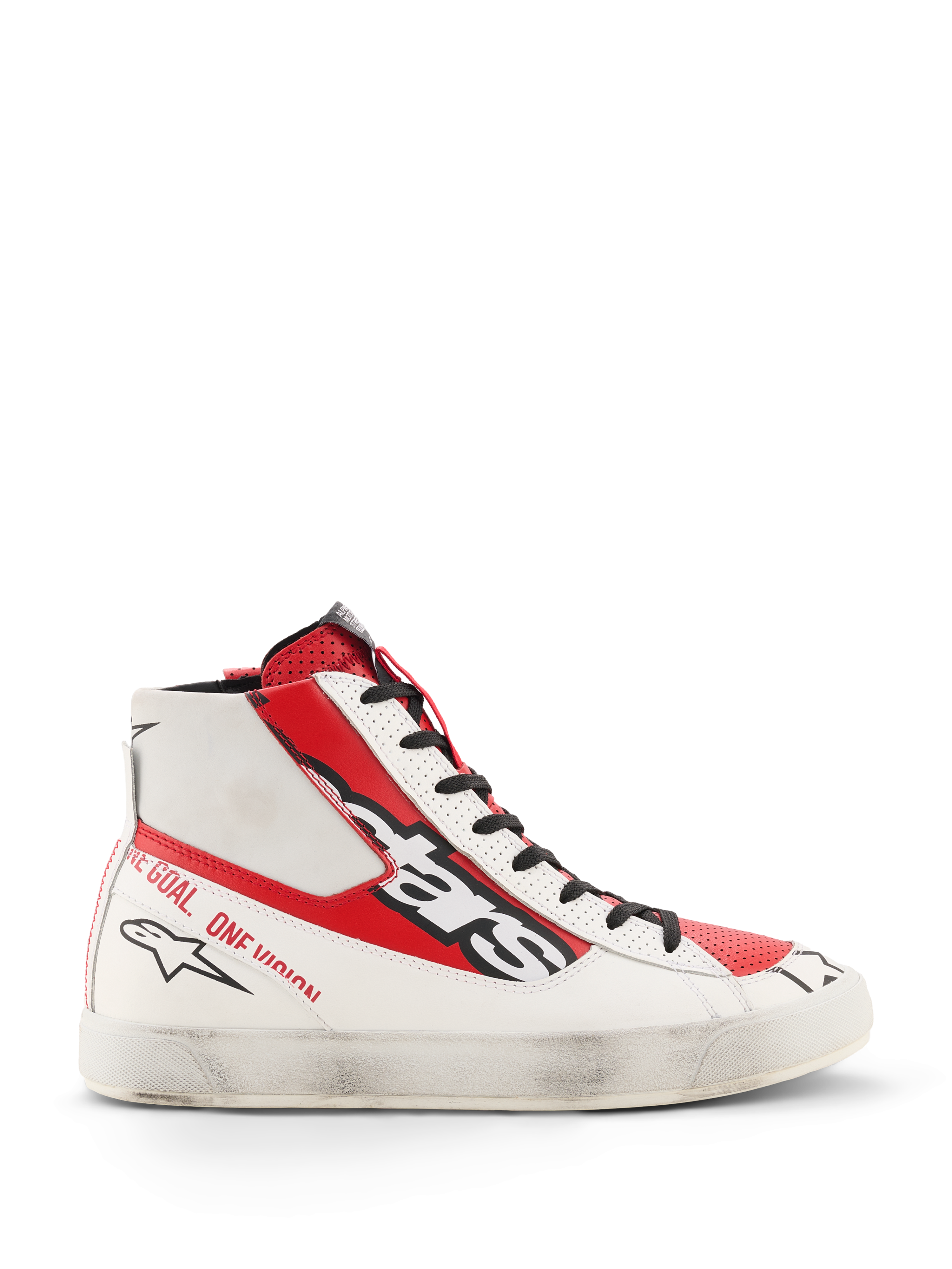 Alpinestars Stated Flair Schoenen, hoge motorschoenen, wit en helderrood, premium lederen constructie met een handmatig aangebrachte versleten afwerking op de witte zool, groot zwart Alpinestars-logo op de zijkant, rode panelen en hieltekst, vintage-geïnspireerde racing-esthetiek