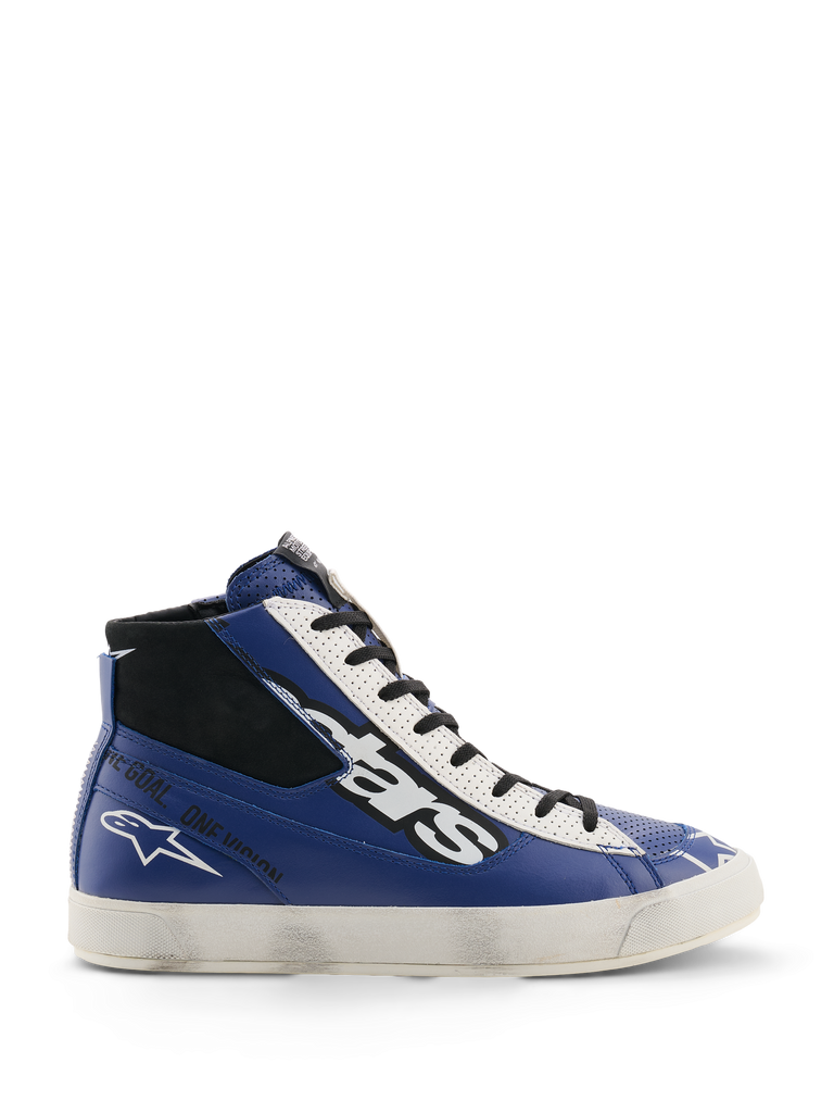Alpinestars Stated Flair schoenen, hoge sneakers, blauw zwart en wit, leren constructie met geperforeerde details, witte zool, sterlogo