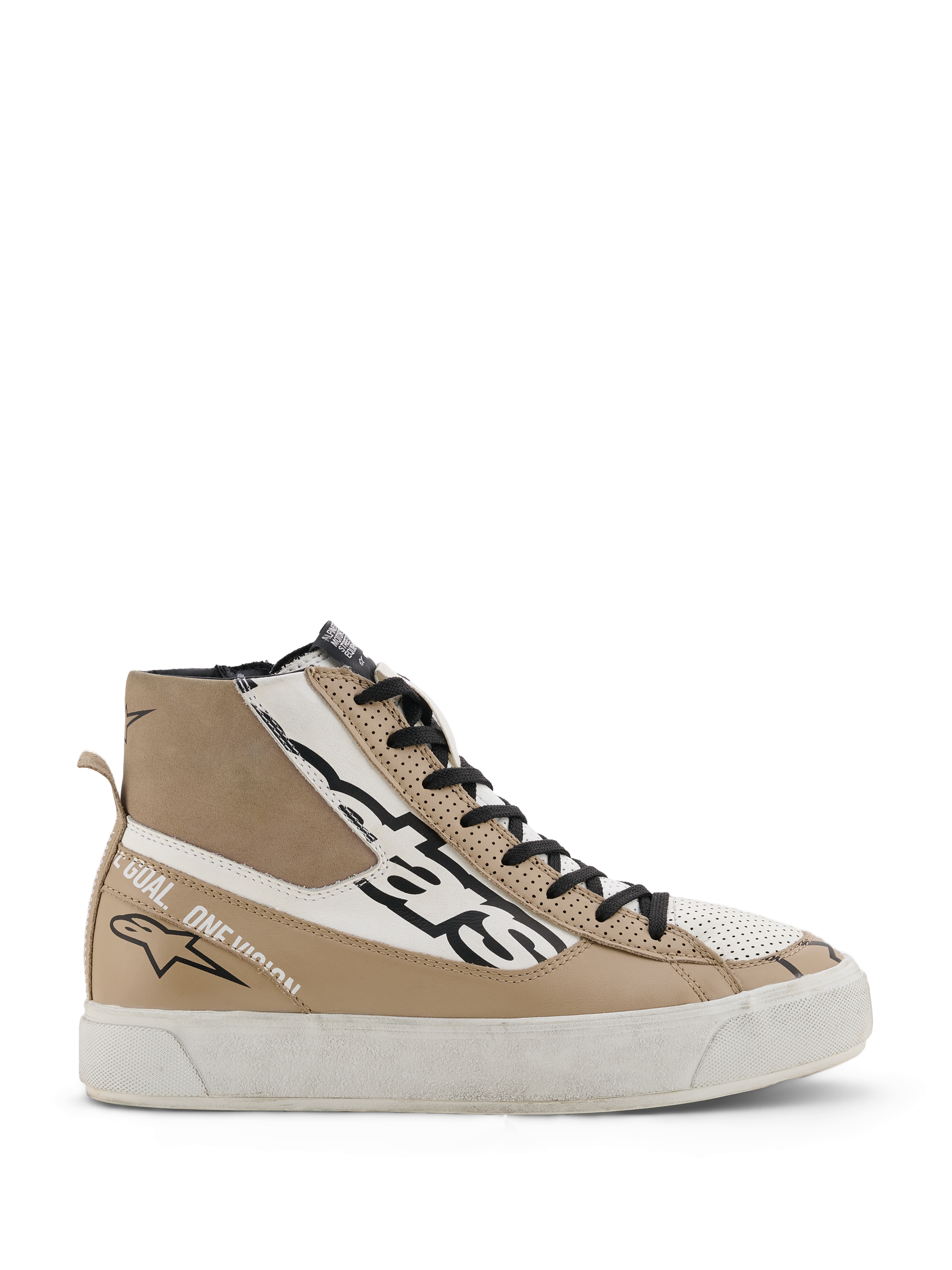 Alpinestars Stella Stated Flair schoenen, hoge dames motorschoenen in warm grijs en wit, met zwarte veters, geperforeerde leren details en 'One Goal. One Vision.' tekst op de zijkant.