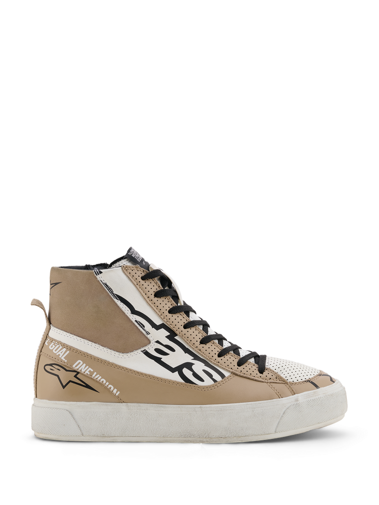 Alpinestars Stella Stated Flair schoenen, dames hoge sneakers, beige en wit, zwarte veters, dikke witte zool, geperforeerde leren details, sportief modern design