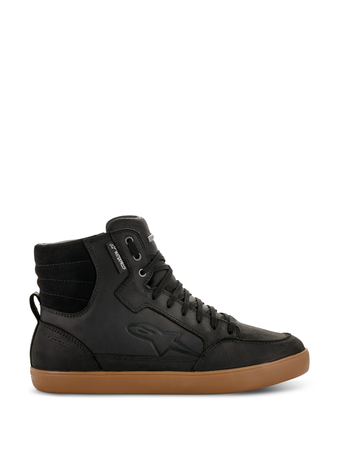 Alpinestars J-6 Waterproof Shoe, Black high-top motorcycle sneaker with brown gum sole, waterproof urban riding footwear, features padded ankle collar, black laces, subtle logo embossing, and leather construction