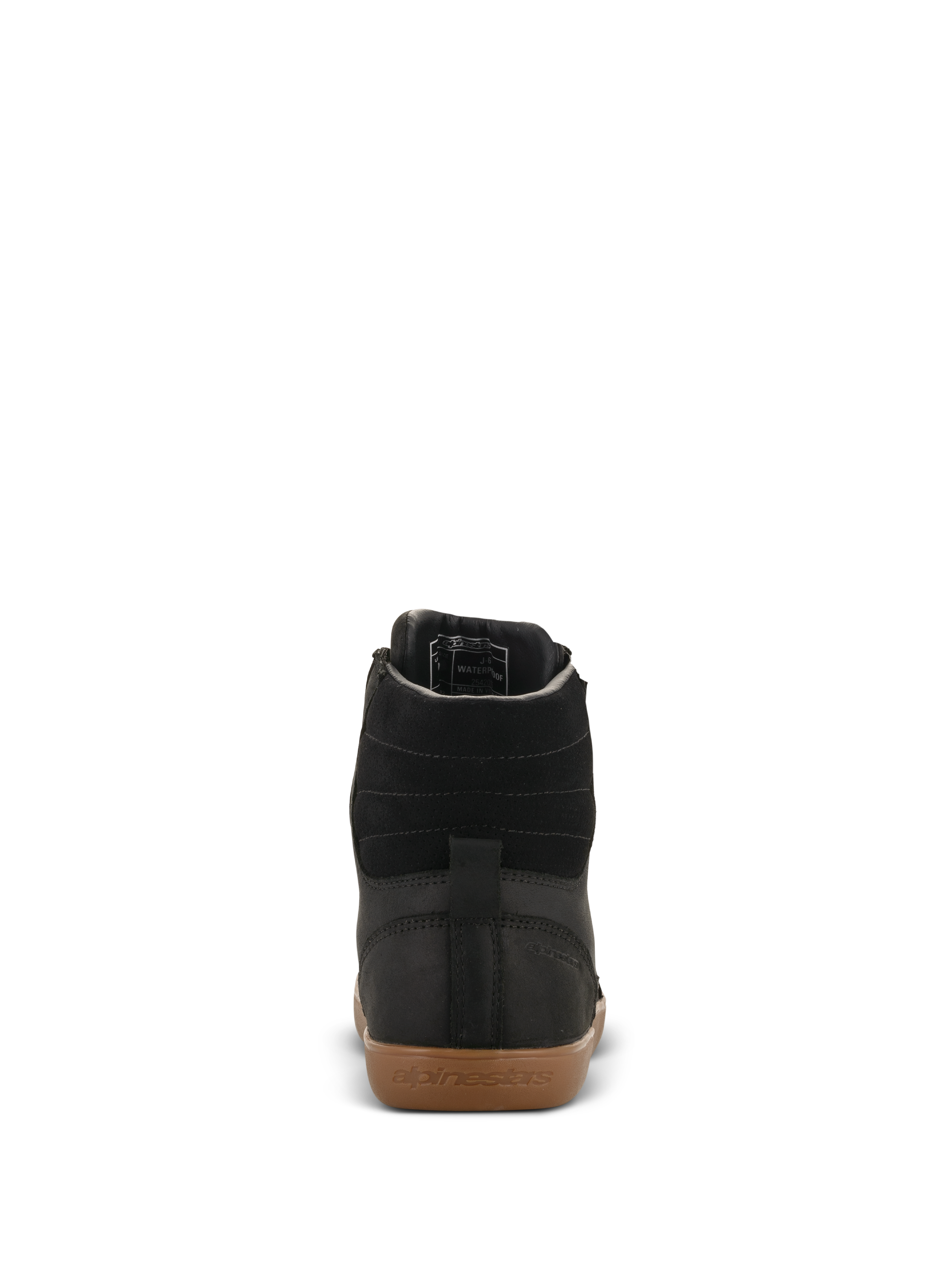 Alpinestars J-6 Waterproof Shoe, Motorcycle Riding Shoe, Black and Gum, Rear view featuring high-quality black leather upper, horizontal ankle stitching, and gum rubber sole with embossed Alpinestars branding.