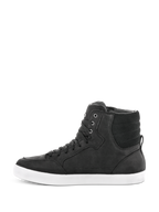 Alpinestars J-6 Waterproof Shoe, Black and White, side profile of high-top riding sneaker, black leather construction with a white rubber sole, urban motorcycle footwear featuring a lace-up design.