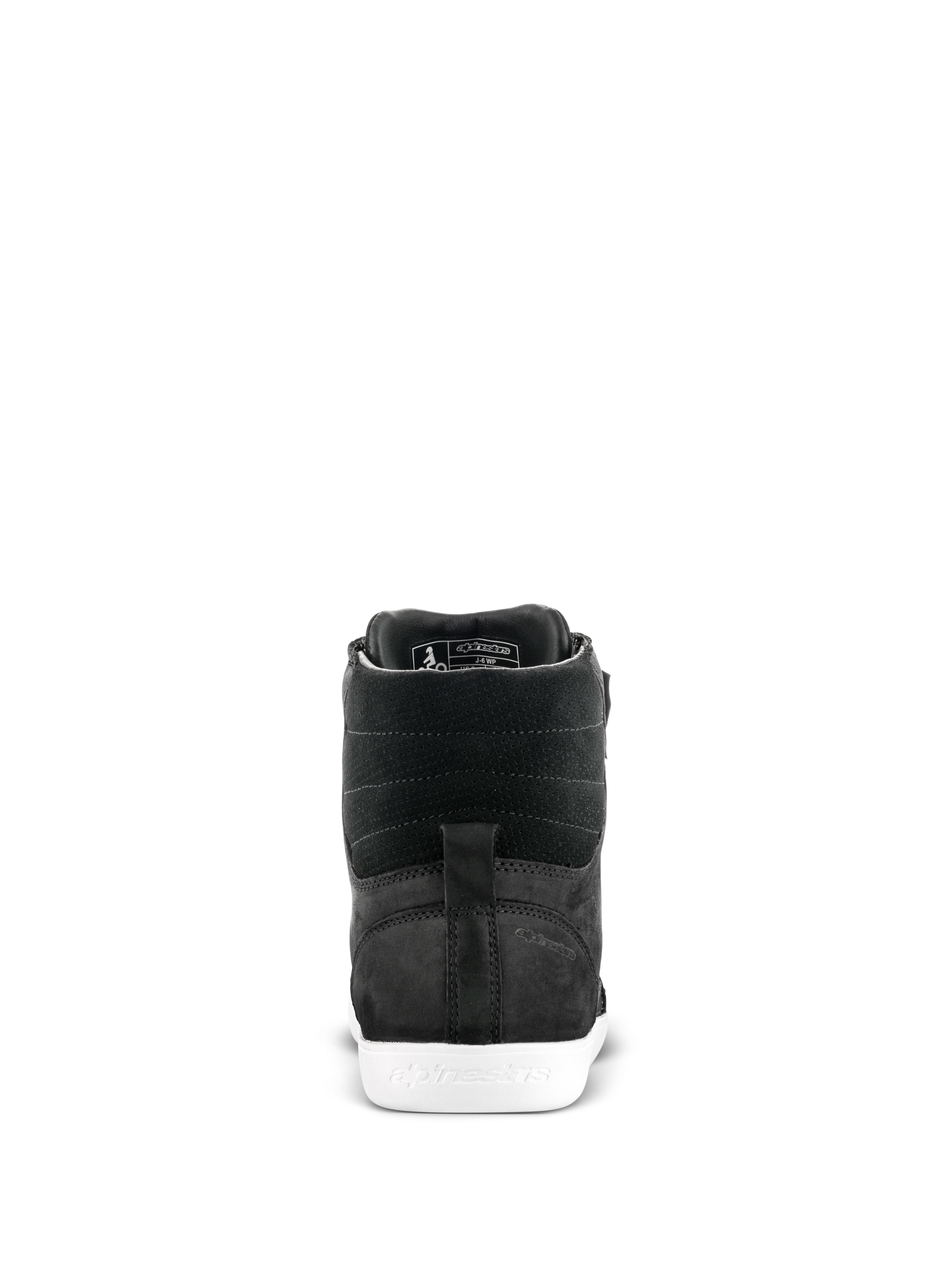 Alpinestars J-6 Waterproof Shoe, Motorcycle Riding Shoe, Black and White, rear view showing the heel and textured leather upper with a white rubber sole