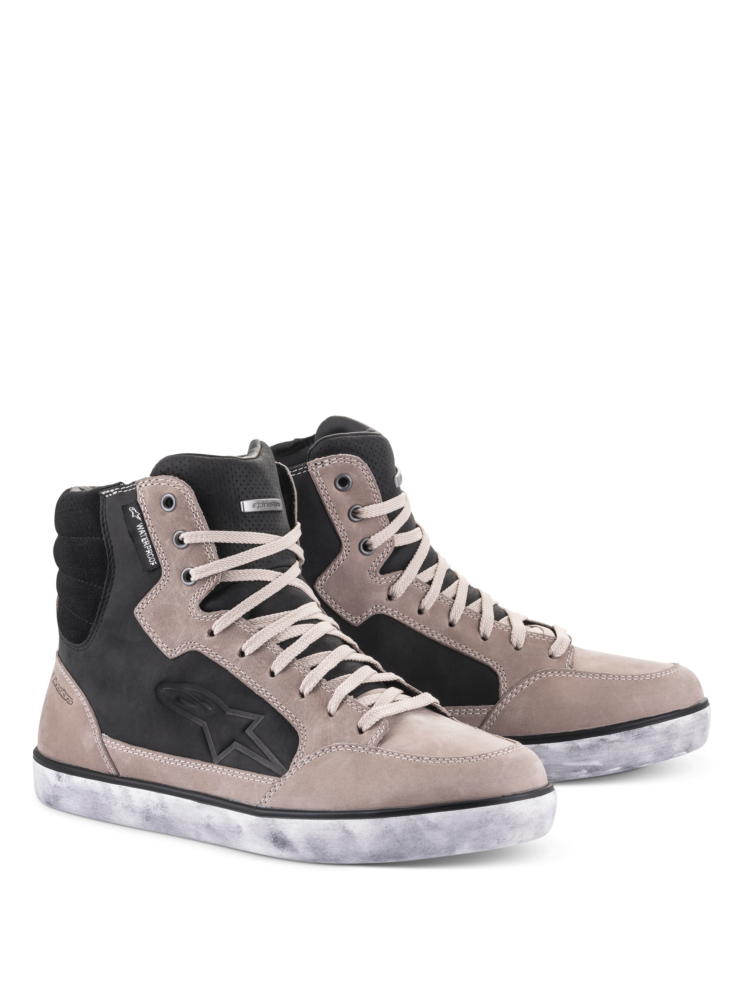 Alpinestars J-6 Waterproof Shoe, Motorcycle Riding Shoes, Black Flint and White, high-top sneaker design with distressed white sole, suede and leather upper featuring a star logo and waterproof tag, urban riding footwear