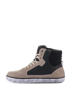 Alpinestars J-6 Waterproof Shoe, Motorcycle Riding Shoe, Black Flint White, high-top sneaker style featuring flint grey and black leather panels, cream laces, and a mottled white rubber sole, casual urban design for motorcycling