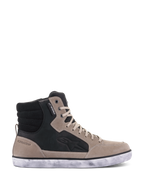 Alpinestars J-6 Waterproof Shoe, Motorcycle Riding Shoe, Black Flint White, sneaker-style high-top design in leather with distressed white rubber sole, featuring side Astar logo and waterproof label