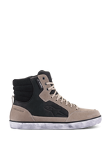 Alpinestars J-6 Waterproof schoen, motorschoen, Black Flint White, hoog sneaker-model van leer met een verweerde witte rubberen zool, voorzien van Astar-logo aan de zijkant en een waterproof-label