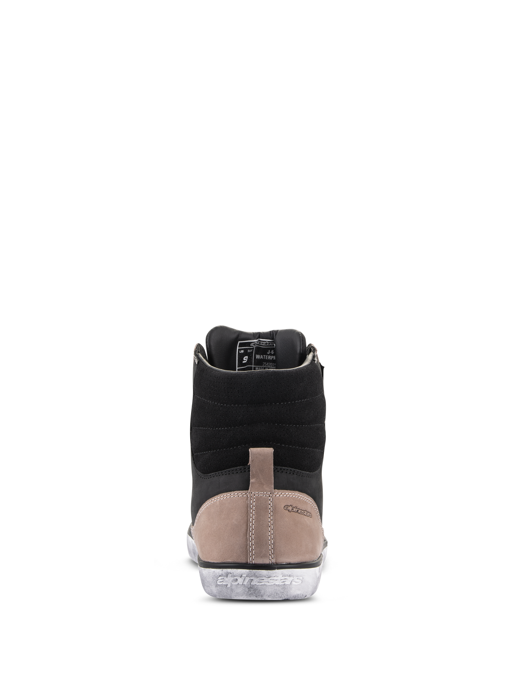 Alpinestars J-6 Waterproof Shoe, Motorcycle Riding Shoe, Black Flint White, Rear view showing black leather upper, tan heel panel with embossed logo, and distressed white rubber sole with Alpinestars branding