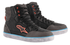 Alpinestars J-6 Waterproof Canvas Riding Shoes, Black and Anthracite Gray, high-top sneaker design with orange logo and eyelets, light blue stripe on the white sole, waterproof urban motorcycle footwear