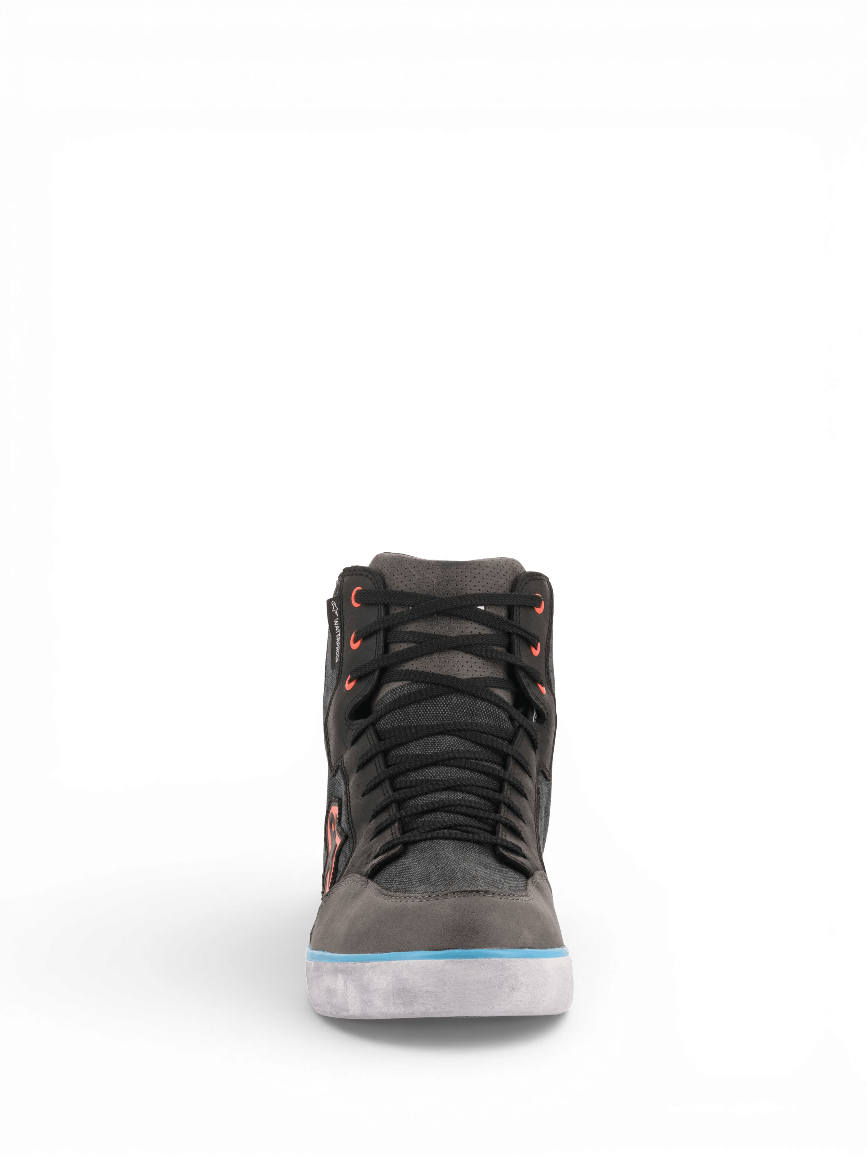 Alpinestars J-6 Waterdichte Canvas Schoenen, urban motorlaarzen voor heren, grijs en zwart met lichtblauwe accenten, waterdicht en ademend leer, CE-gecertificeerd.