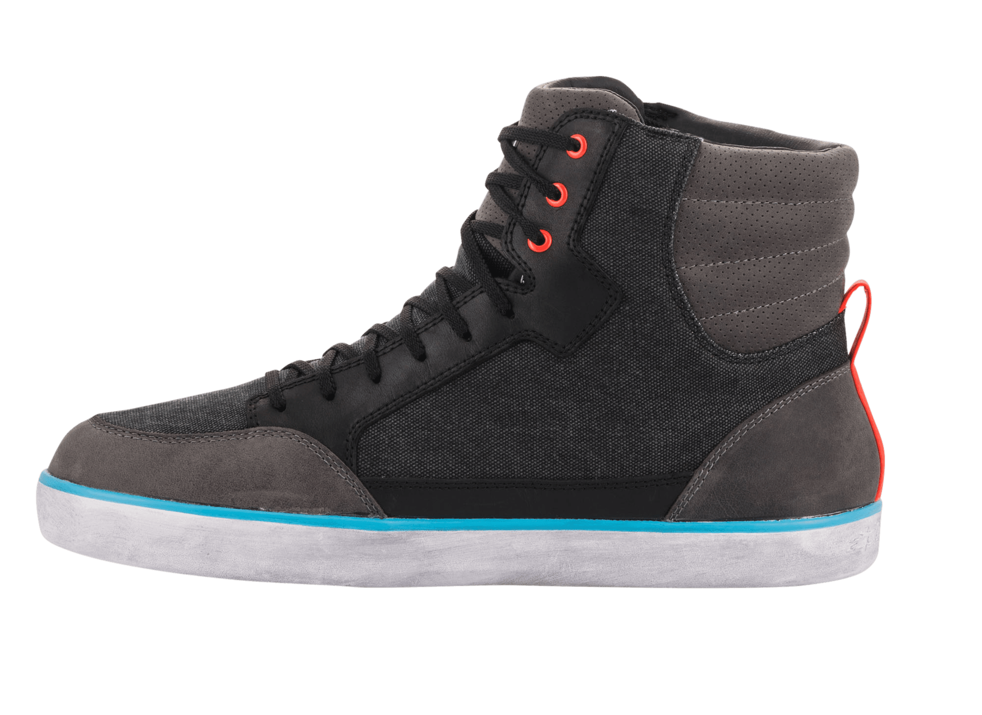 Alpinestars J-6 Waterproof Canvas Riding Shoe, Black Anthracite Light Blue, sneaker-style motorcycle boot, high-top design with black canvas and grey leather panels, white sole with bright blue stripe, red eyelets and heel pull