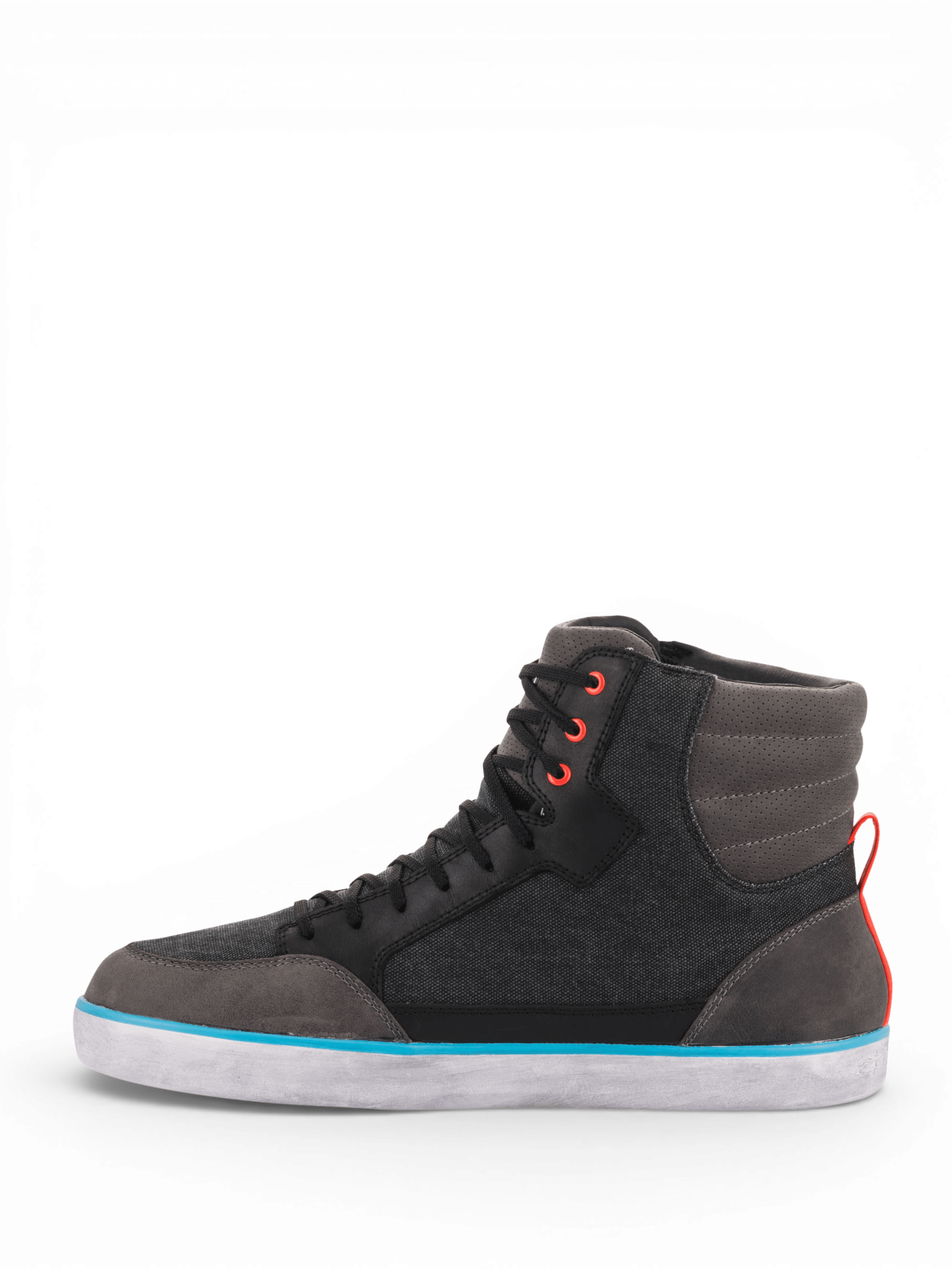 Alpinestars J-6 Waterdichte Canvas Schoenen, urban motorlaarzen in sneaker-stijl, grijs en zwart met lichtblauwe details, leer en canvas constructie, waterdicht membraan, CE-gecertificeerd.