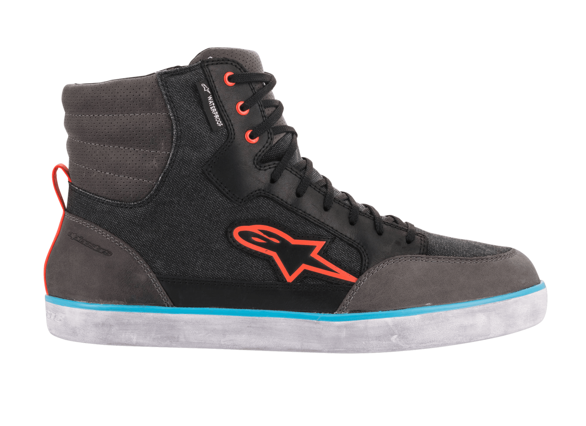 Alpinestars J-6 Waterproof Canvas Riding Shoe, Black Anthracite and Light Blue, high-top sneaker silhouette featuring an orange Astars logo, orange eyelets, and a light blue stripe on a white rubber sole, casual urban motorcycle footwear.