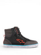 Alpinestars J-6 Waterproof Canvas motorlaarzen, heren, zwart en grijs met lichtblauwe en oranje accenten, waterdicht leer.