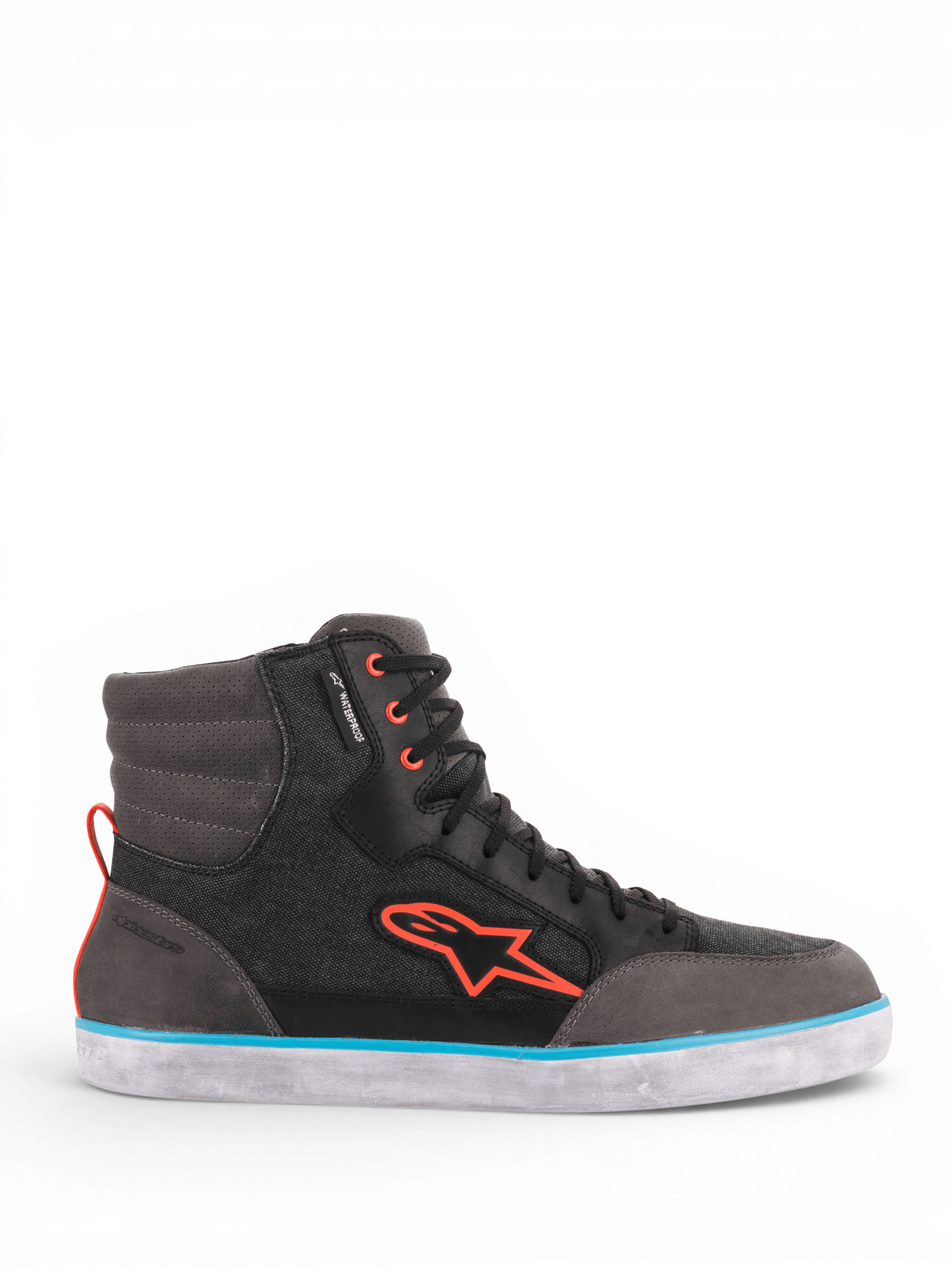Alpinestars J-6 Waterproof Canvas motorlaarzen, heren, zwart en grijs met lichtblauwe en oranje accenten, waterdicht leer.