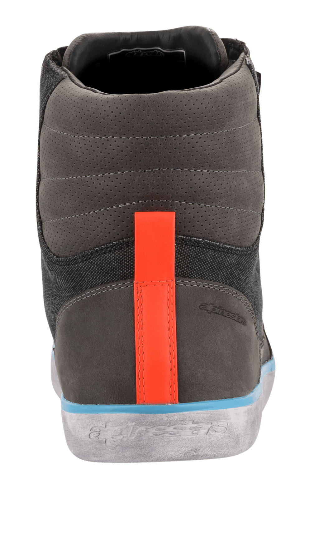 Alpinestars J-6 Waterproof Canvas Riding Shoe, Rear view, Gray and Anthracite upper with a bright Orange heel stripe, Light Blue trim above a gray distressed sole, urban sneaker-style motorcycle boot with embossed branding