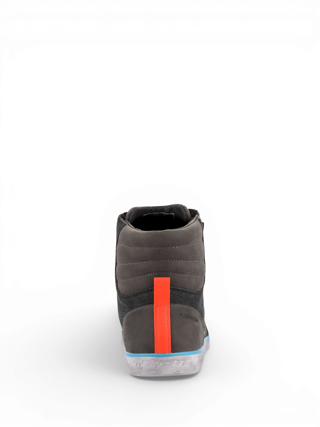 Alpinestars J-6 waterdichte canvas schoenen voor heren, grijze urban motorlaarzen met oranje hielstreep en blauwe accenten.