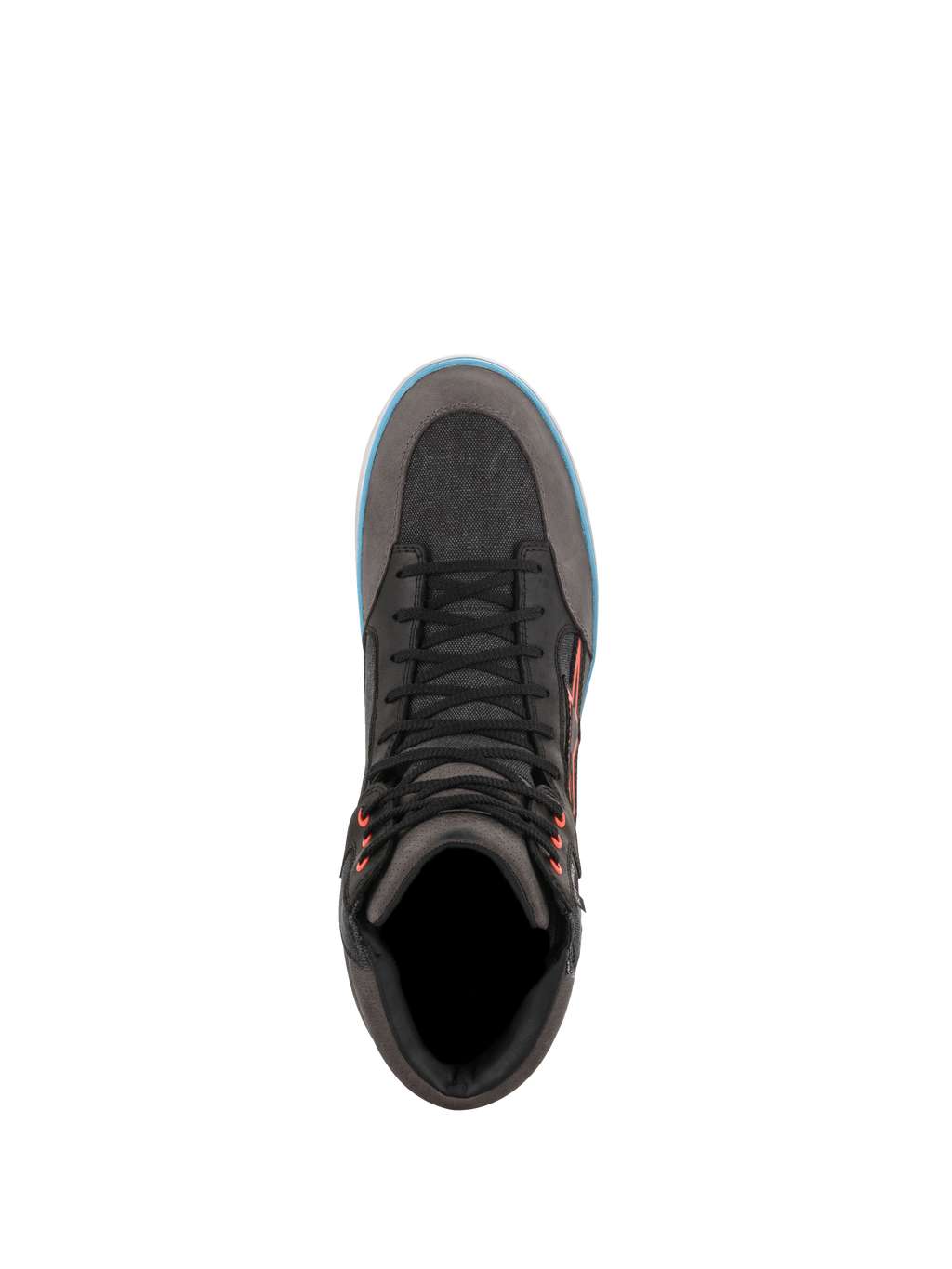 Alpinestars J-6 waterdichte canvas schoenen, urban herenmotorlaarzen in grijs en zwart met blauwe details, bovenaanzicht.