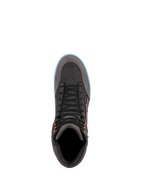 Alpinestars J-6 waterdichte canvas schoenen, urban herenmotorlaarzen in grijs en zwart met blauwe details, bovenaanzicht.