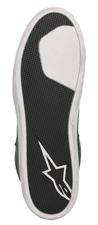 Alpinestars J-6 Waterproof Canvas Riding Shoe, bottom sole view, black textured rubber with white forefoot section and white Alpinestars star logo on the heel, durable rubber cup sole design for motorcycle riding.