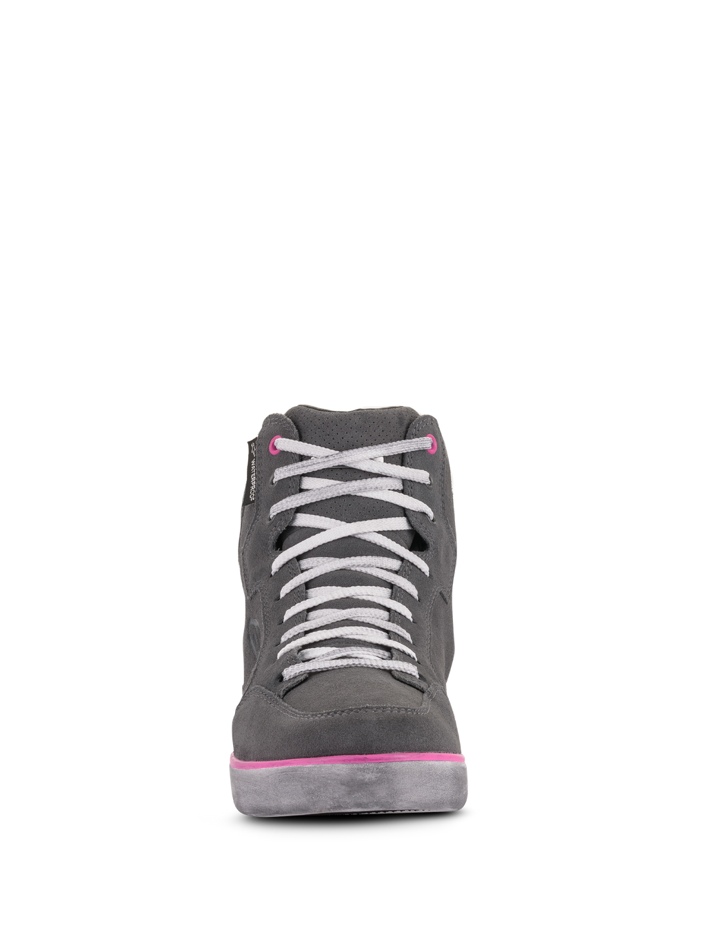 Alpinestars J-6 Waterproof damesschoenen, motorschoenen, lichtgrijs en fuchsia, vooraanzicht van sneaker-stijl high-top met witte veters en roze accenten, waterdichte constructie van leer en suède