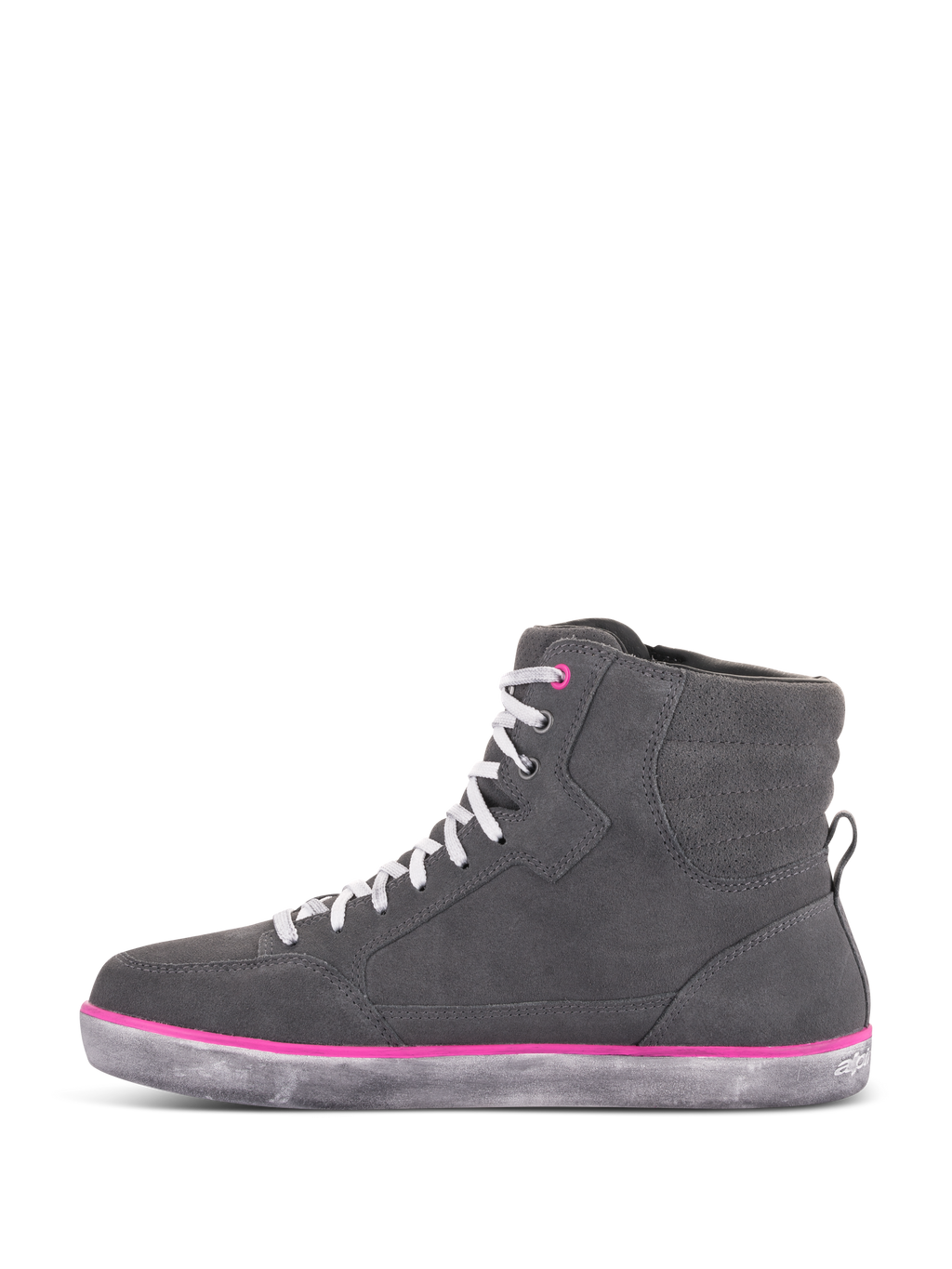 Alpinestars J-6 Waterproof damesschoenen, motorschoenen, lichtgrijs en fuchsia, hoog sneakerontwerp met grijs suède bovenwerk, witte veters, fuchsia accenten en een verweerde grijze rubberen zool